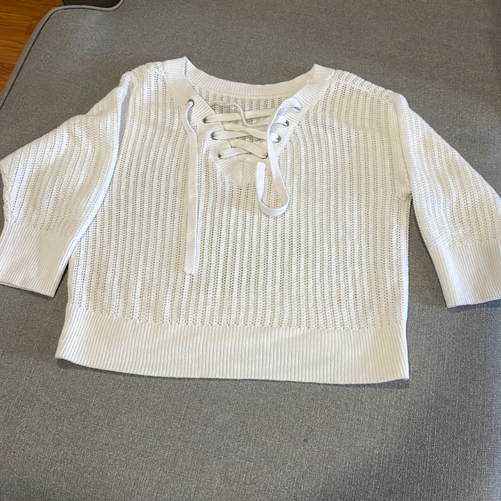 White Knit Sweater With Ties at neckline